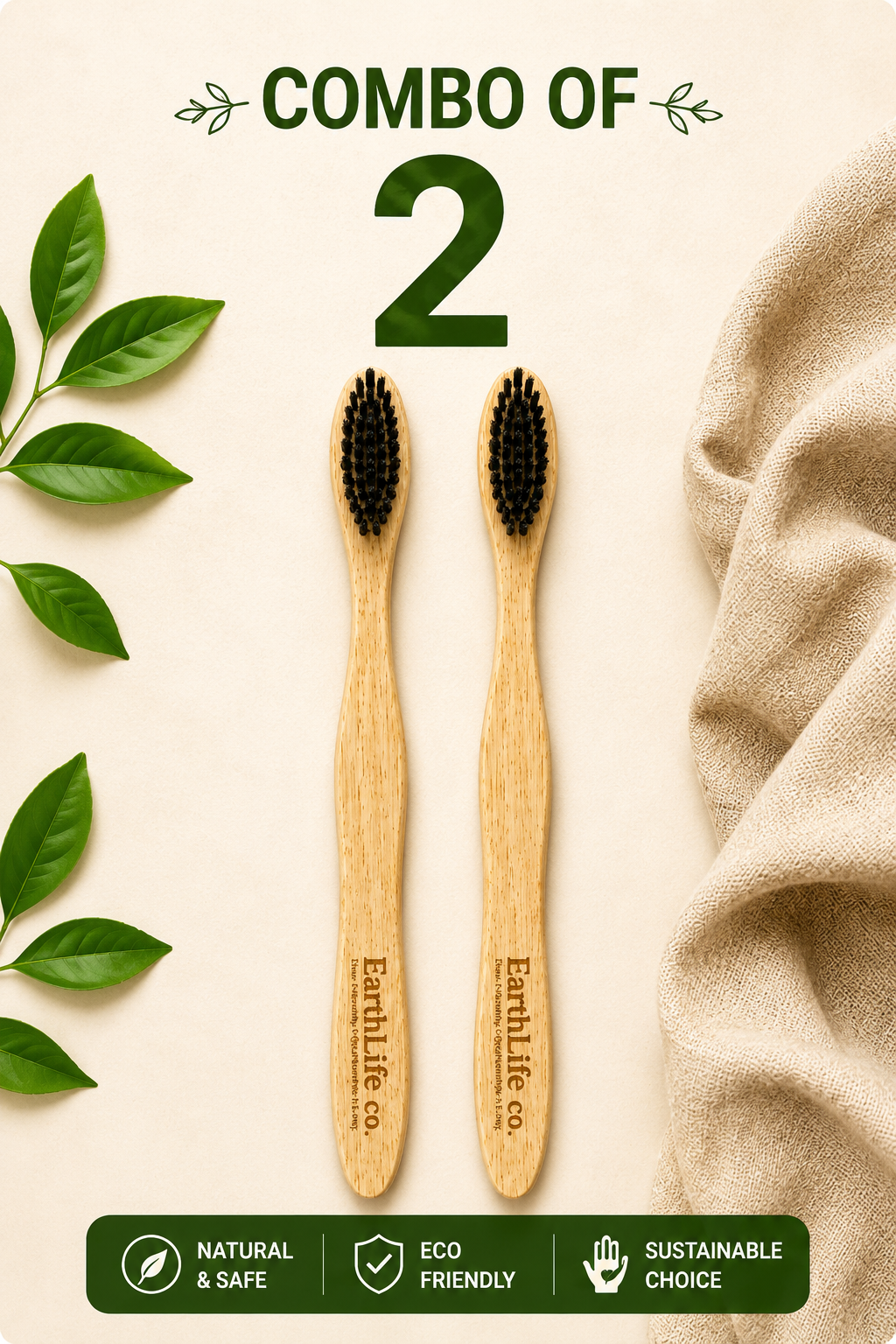 EarthLife Co. Neem Wood Toothbrush | Soft Charcoal Bristles | Eco-Friendly | Pack of 2