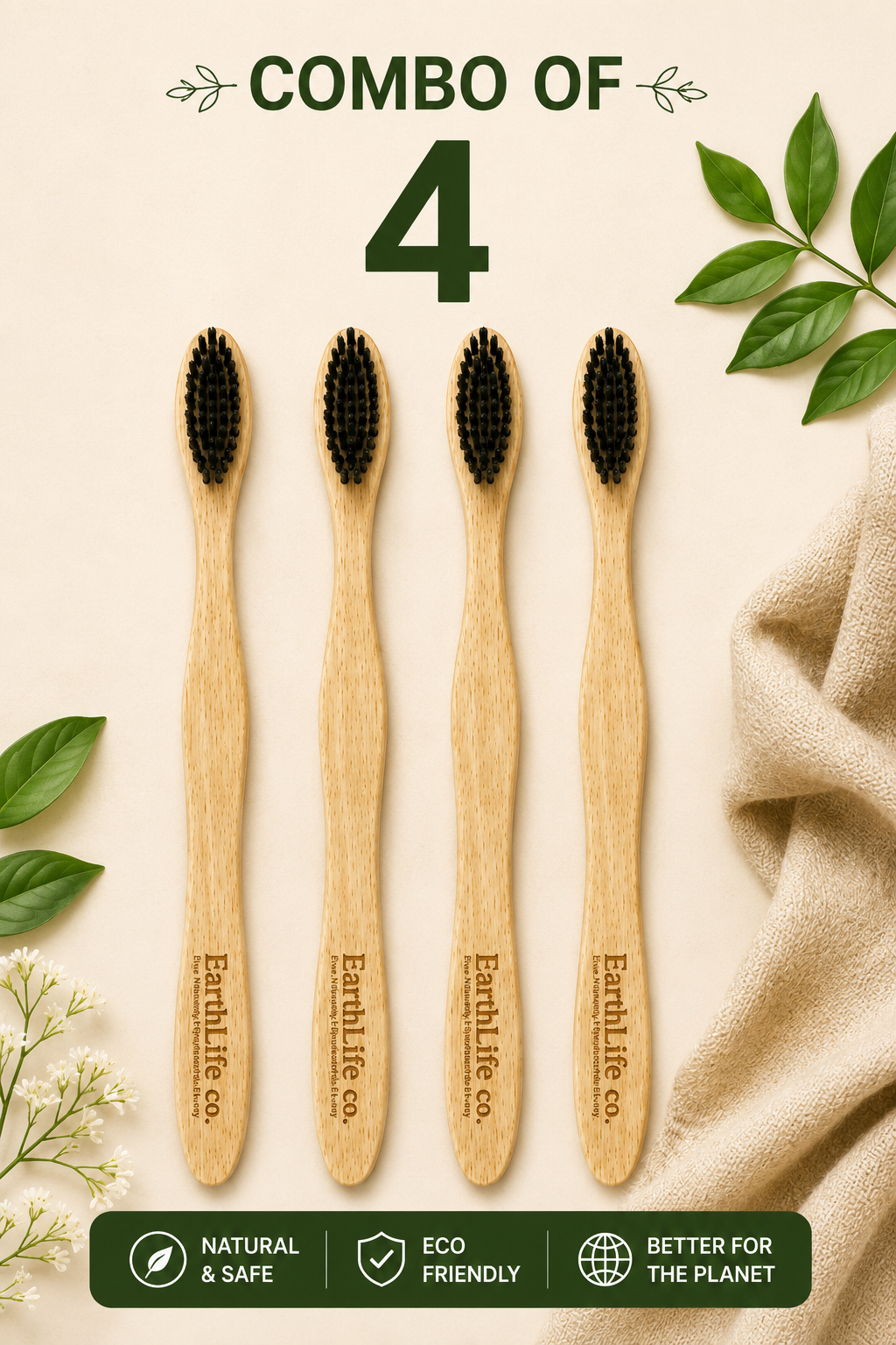 EarthLife Co. Neem Wood Toothbrush | Soft Charcoal Bristles | Eco-Friendly | Pack of 4