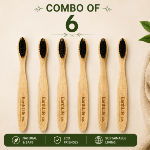 EarthLife Co. Neem Wood Toothbrush | Soft Charcoal Bristles | Eco-Friendly | Pack of 6