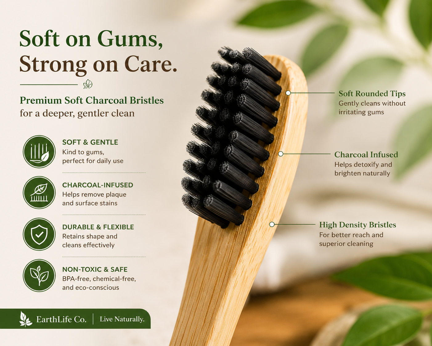 EarthLife Co. Neem Wood Toothbrush | Soft Charcoal Bristles | Eco-Friendly | Pack of 2 - Image 2